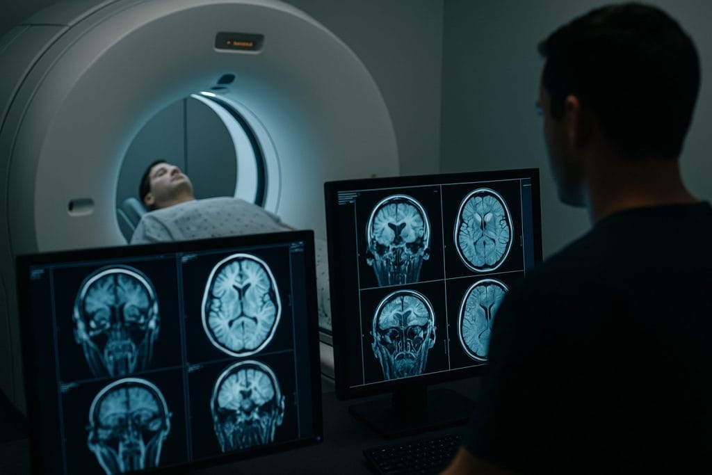 Patient receiving a CT scan with a clinician examining brain imaging on monitors, representing medical evidence commonly used in brain injury compensation Queensland claims.