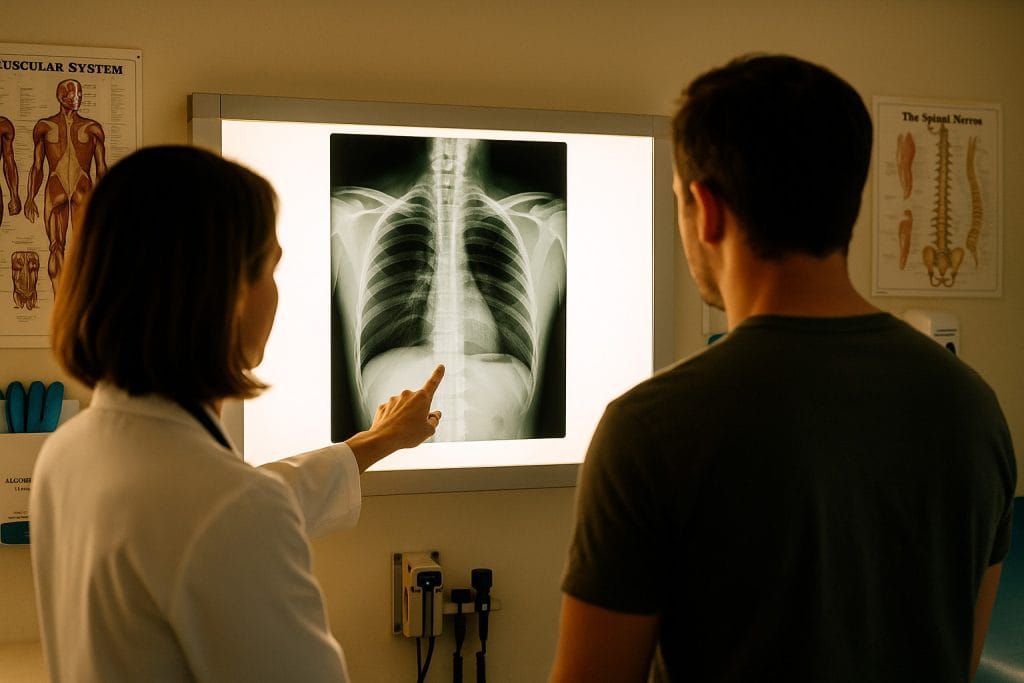 Doctor reviewing a spinal X-ray with a patient in a GP clinic, discussing spinal injury assessment and treatment