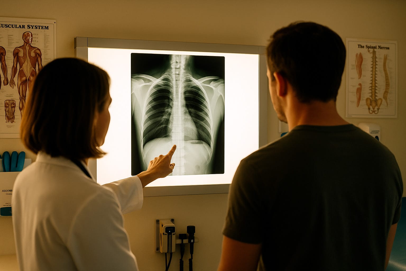 Doctor reviewing a spinal X-ray with a patient in a GP clinic, discussing spinal injury assessment and treatment