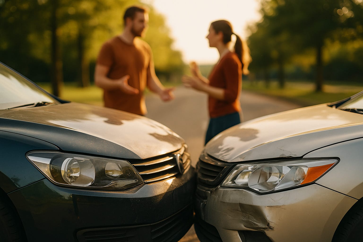 Drivers assessing a minor car accident on a Queensland road and discussing who may be at fault.