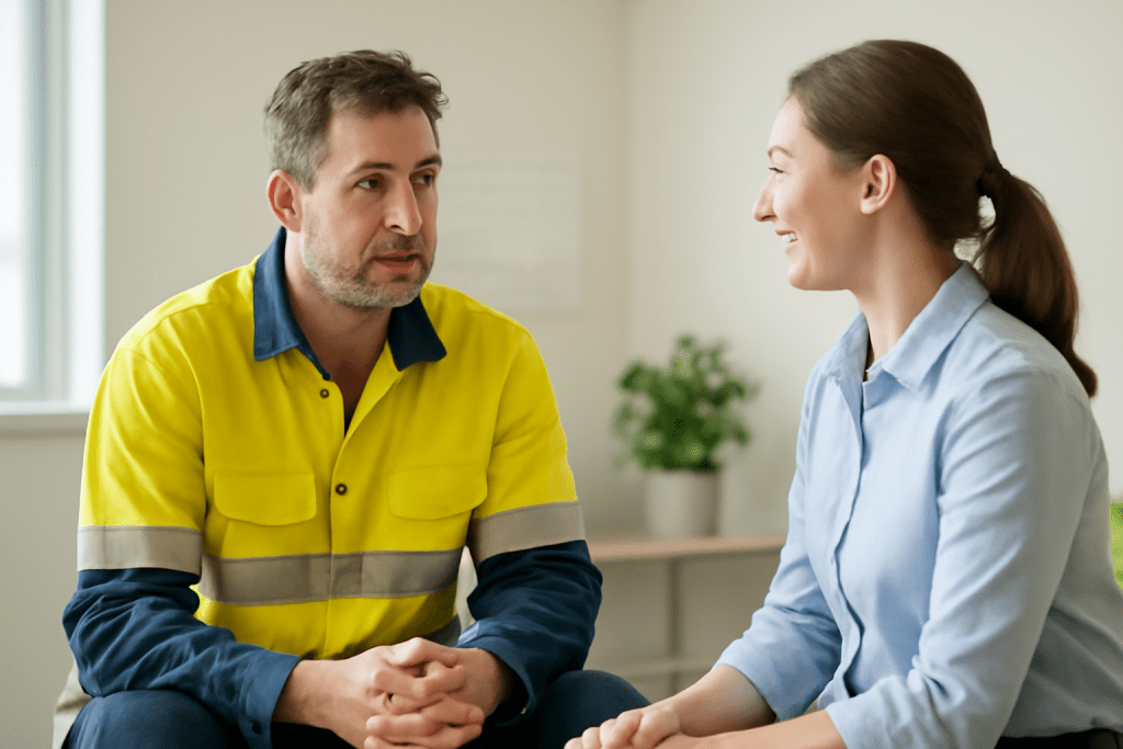 Worker discussing return-to-work support in a bright workplace setting
