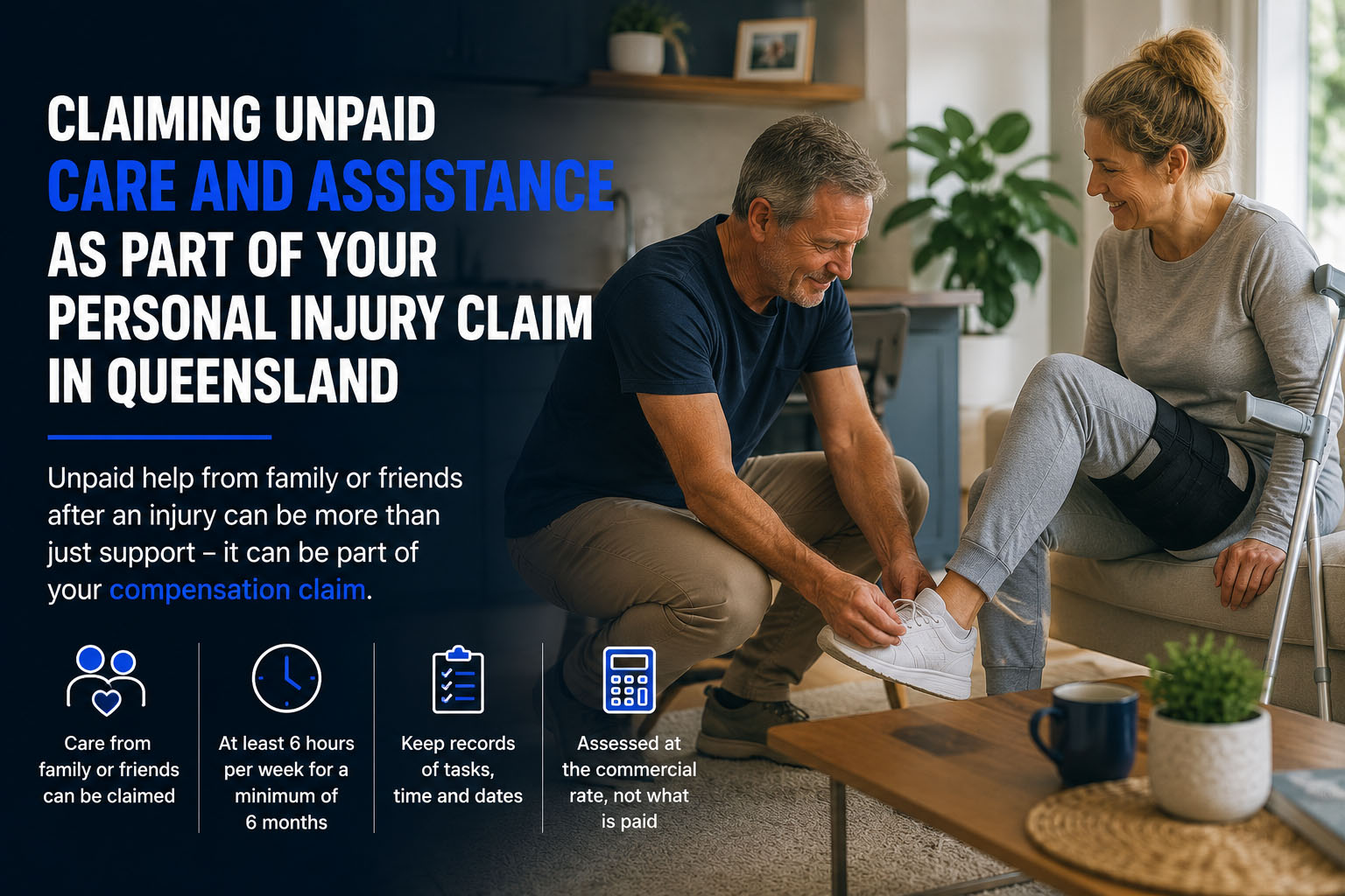 Spouse helping an injured partner with everyday tasks during recovery after a serious injury, representing unpaid care and assistance provided by a family member.