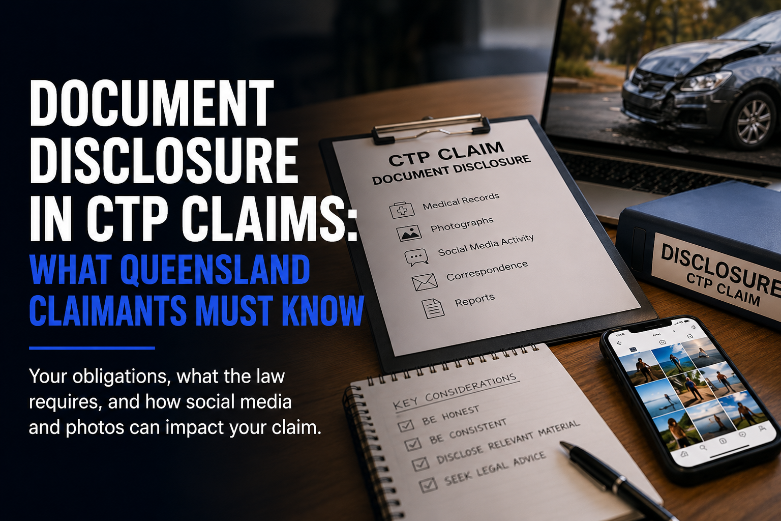 Desk with checklist of documents needing to be disclosed in Queensland CTP claims.