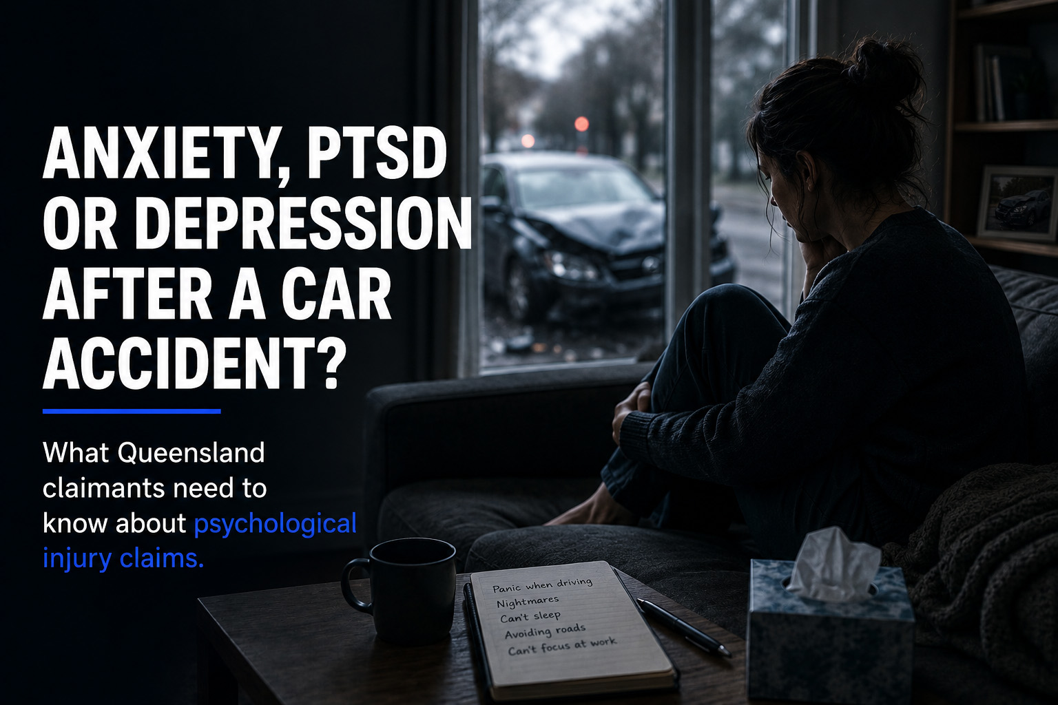 Woman suffering from PTSD after a car accident.