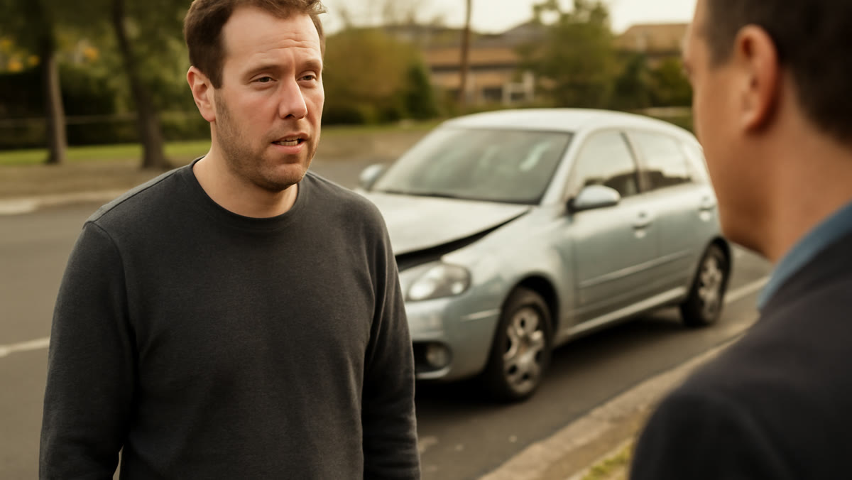 Passenger speaking with support person beside cars after a Queensland road accident